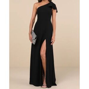 Lulus Simply Brilliant Black One-Shoulder Bow High Slit Evening Gown Dress M NWT